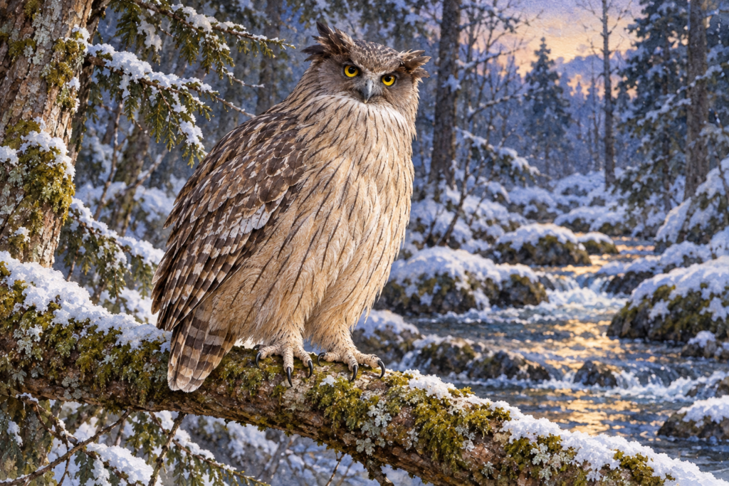 黄色い目、幅広い顔と羽角、淡い胸の縦斑が特徴のシマフクロウ。雪の残る森の小川のそばの枝にとまる