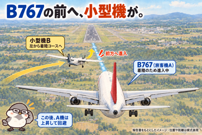 鹿児島空港への進入中、B767の前方に小型機が左から入る様子を描いたイラスト