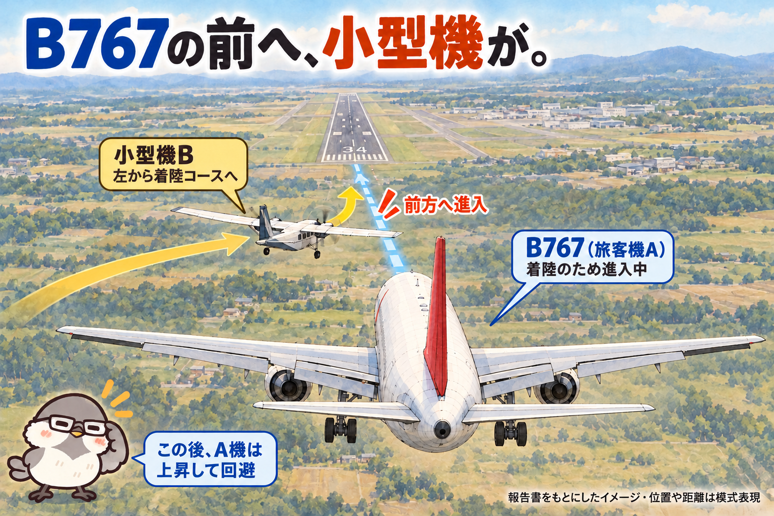 脚を下ろしたB767を後方から見た接近シーン。機首の先へ延びる青い着陸コースに、小型機Bが左側から入り込む。黄色の矢印が小型機の動きを示し、両機の進入方向の先に滑走路34が見える。