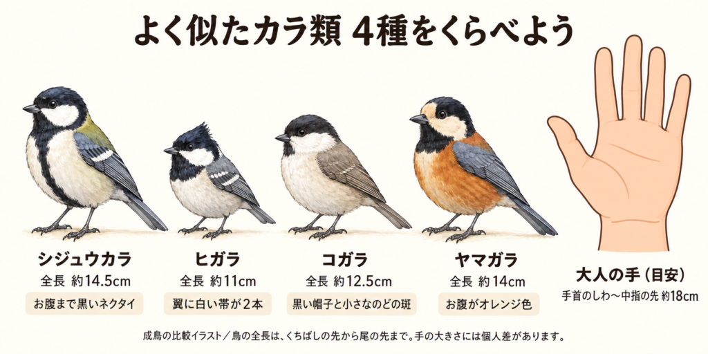 同じ縮尺を目安に並べたシジュウカラ、ヒガラ、コガラ、ヤマガラと、約18cmの大人の手。