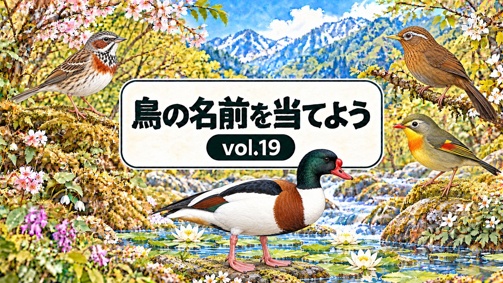 鳥の名前を当てよう vol.19。従来の花と山の背景に、ホオアカ・ガビチョウ・ソウシチョウ・ツクシガモを配したアイキャッチ
