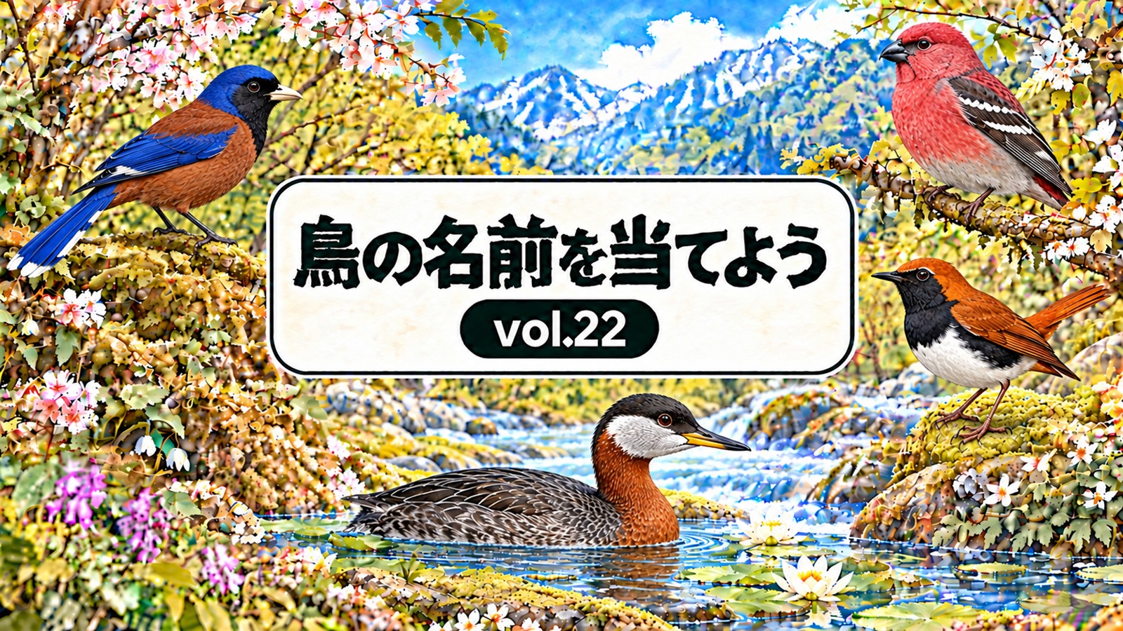 鳥の名前を当てよう vol.22。花と山と水辺を背景に4種の鳥を描いたシリーズ共通デザインのアイキャッチ