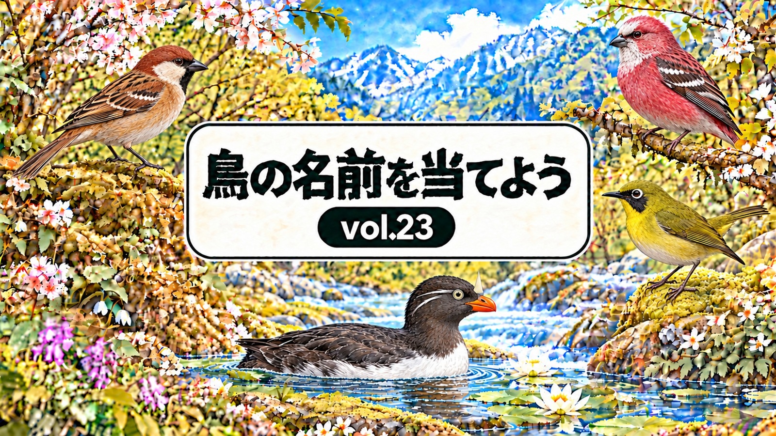鳥の名前を当てよう vol.23。花と山と小川、ニュウナイスズメ、オオマシコ、メグロ、ウトウを描いたシリーズ共通デザイン。