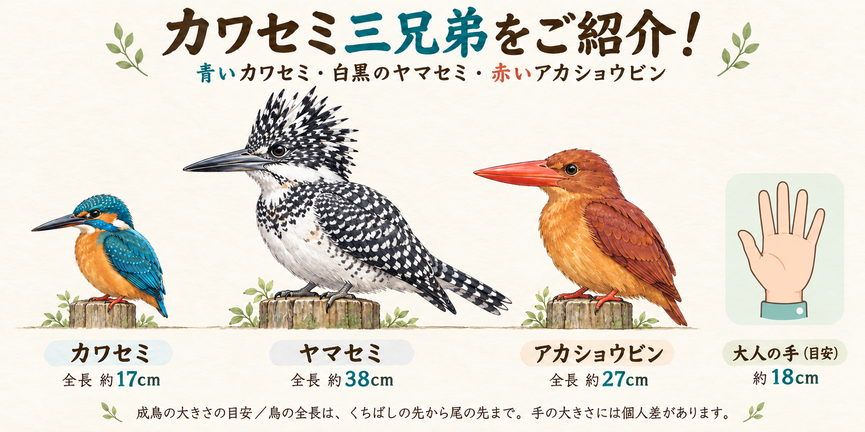 カワセミ約17cm、ヤマセミ約38cm、アカショウビン約27cmを同じ縮尺の目安で並べた図。右端の手は鳥の止まり木から離れた独立したサイズの目安。