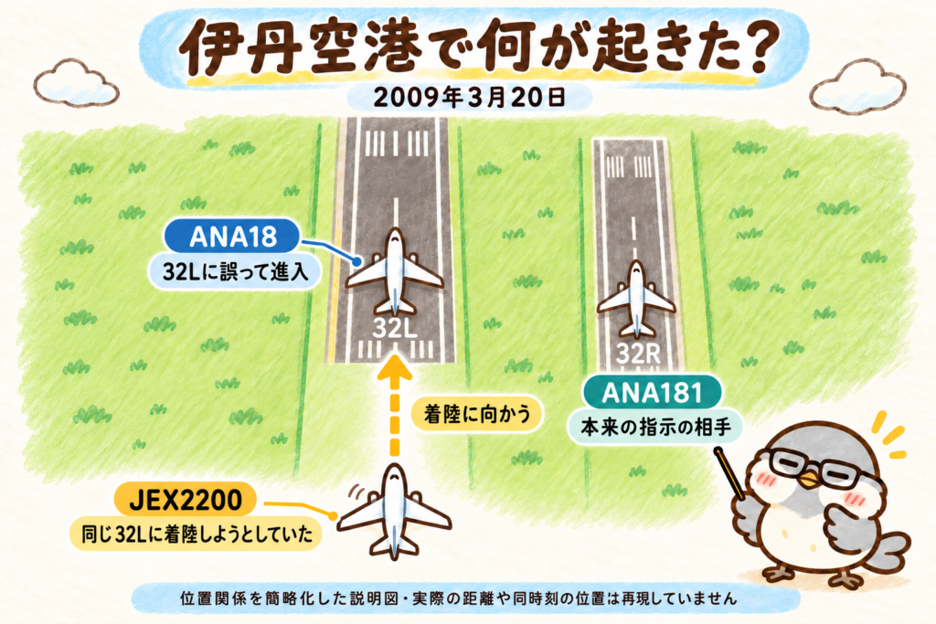 ANA18便が入った滑走路32LへJEX2200便が着陸進入する関係を示す概念図。隣の32RにはANA181便がいる。