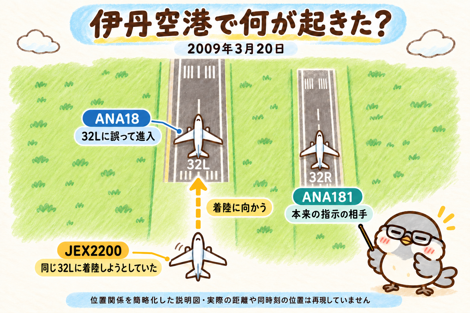 ANA18便がいる滑走路32Lの延長線上から、JEX2200便が同じ32Lへ着陸のために近づいている。黄色の矢印が着陸に向かう方向を示す。隣の32Rには、本来の指示の相手だったANA181便がいる。
