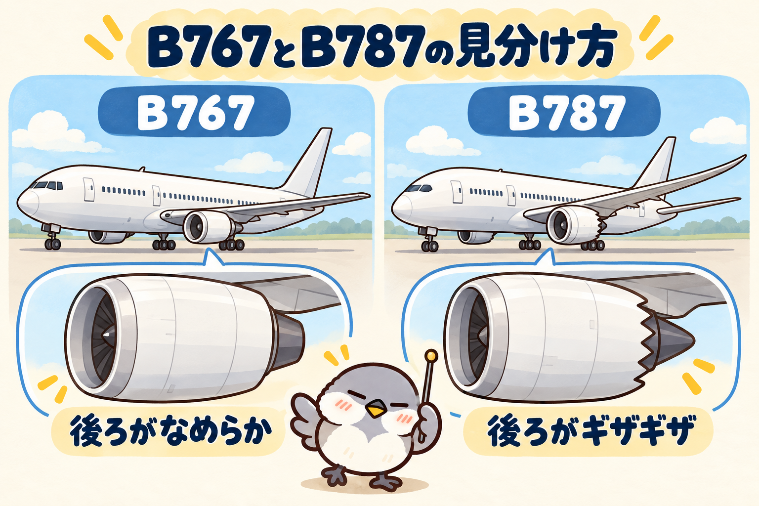 オチュンが案内するB767とB787の比較。B767のエンジン後端はなめらかで、B787にはギザギザがある。