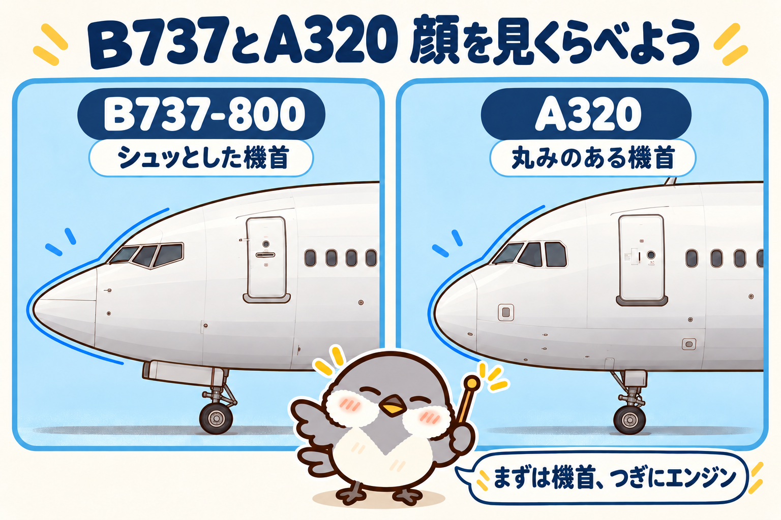 B737-800の先へ細くなる機首と、A320の丸みのある機首を、オチュンが指し棒で案内する比較イラスト。