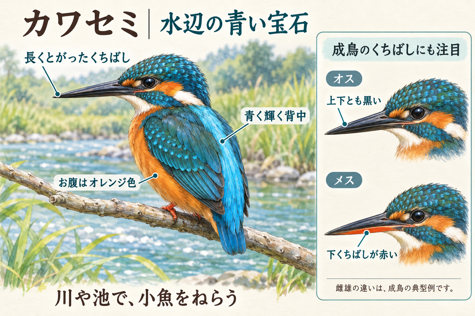 川辺の枝にとまるカワセミ。青い背中、オレンジ色のお腹、とがったくちばしを矢印で示す。右の顔の比較は、オスの黒いくちばしとメスの赤い下くちばし。
