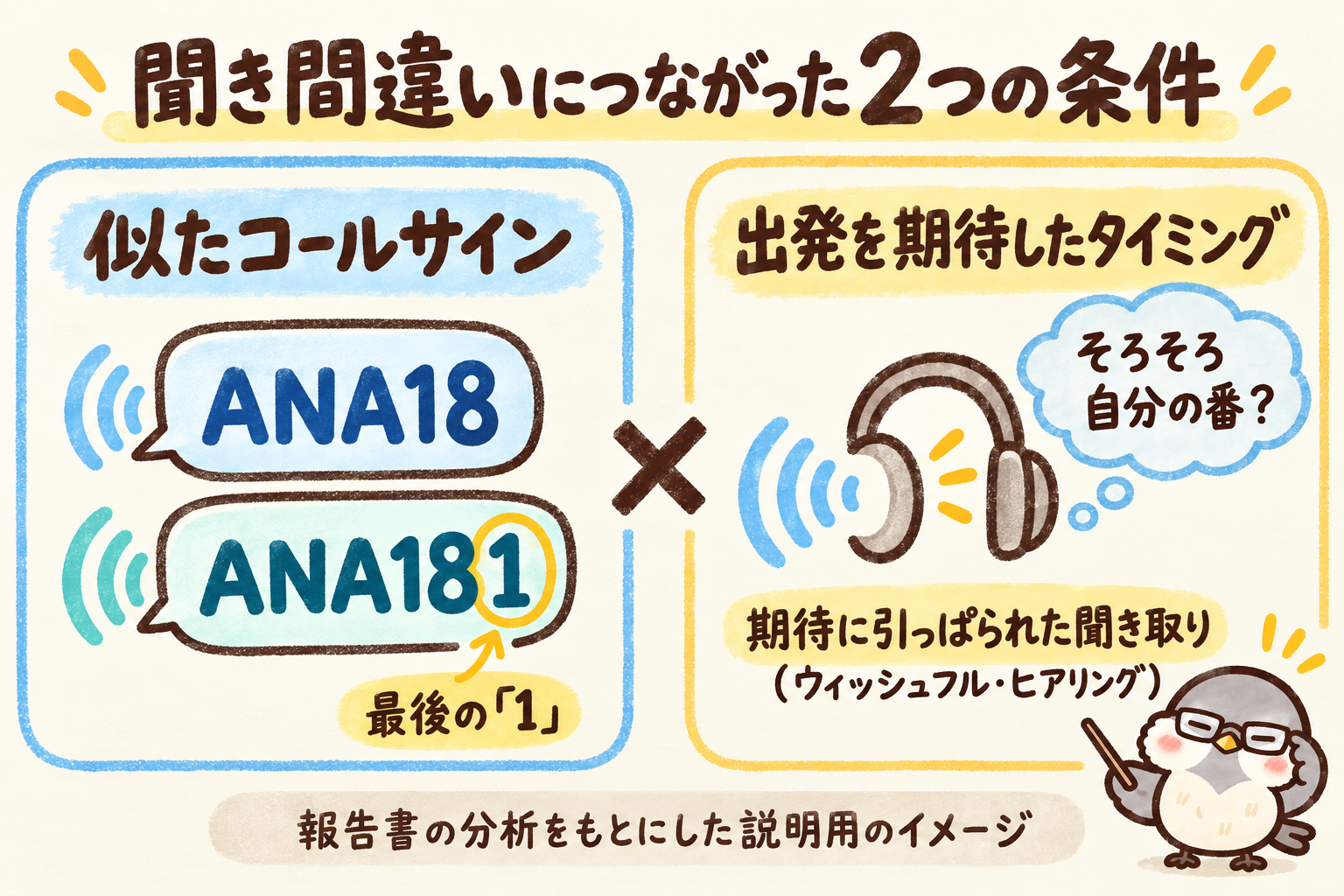 似たコールサイン「ANA18」「ANA181」の最後の1の違いと、「そろそろ自分の番」と期待しながら無線を聞くイメージを、2つの枠に分けて示した手書き風図解。