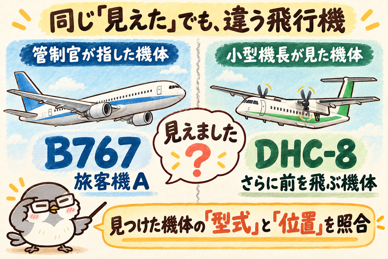 管制官が指したのはB767の旅客機A。小型機Bの機長が実際に視認したのはDHC-8。同じ「見えた」という返答でも、対象が一致していなかった。