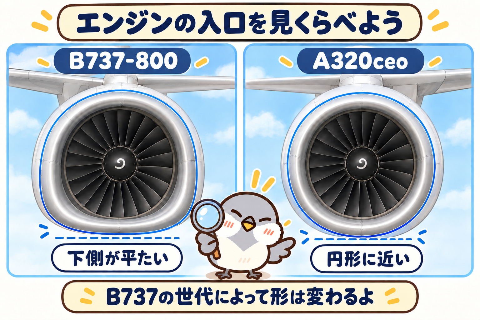 B737-800の下側が平たいエンジン入口と、A320ceoの円形に近い入口の比較。虫眼鏡を持つオチュンが輪郭を観察している。