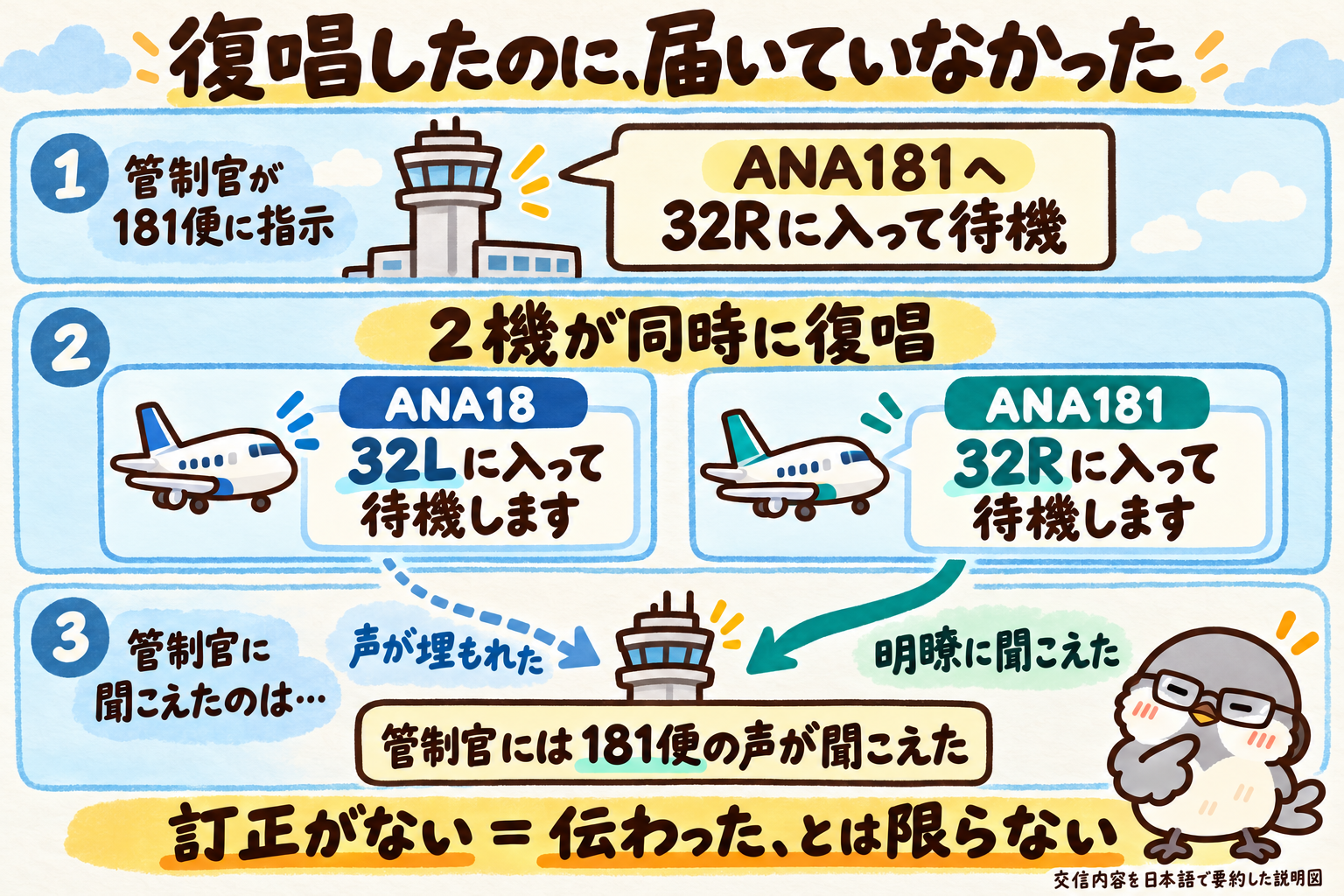 管制官のANA181便への32R進入指示に2機が反応した図。181便は32R、18便は32Lと同時に復唱したが、管制官には181便の声が明瞭に聞こえ、18便の声は埋もれていた。