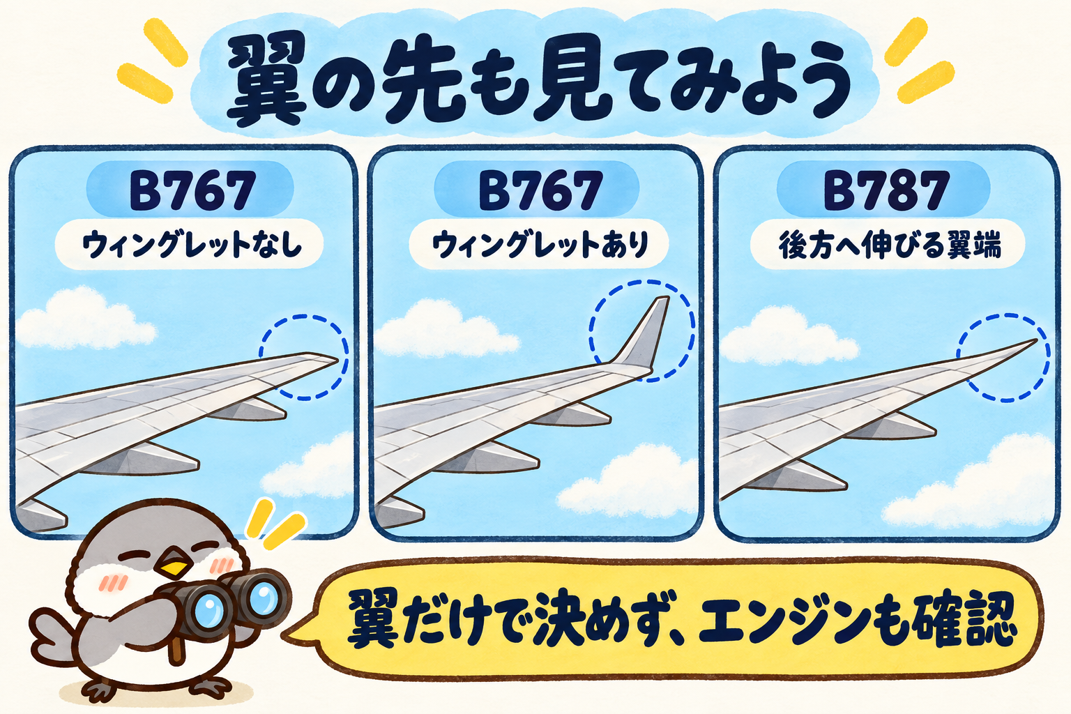 B767の通常の翼端、B767の上に立ち上がるウィングレット、B787の後方へ伸びる翼端の比較。双眼鏡を持ったオチュンが、エンジンも確認するよう案内している。