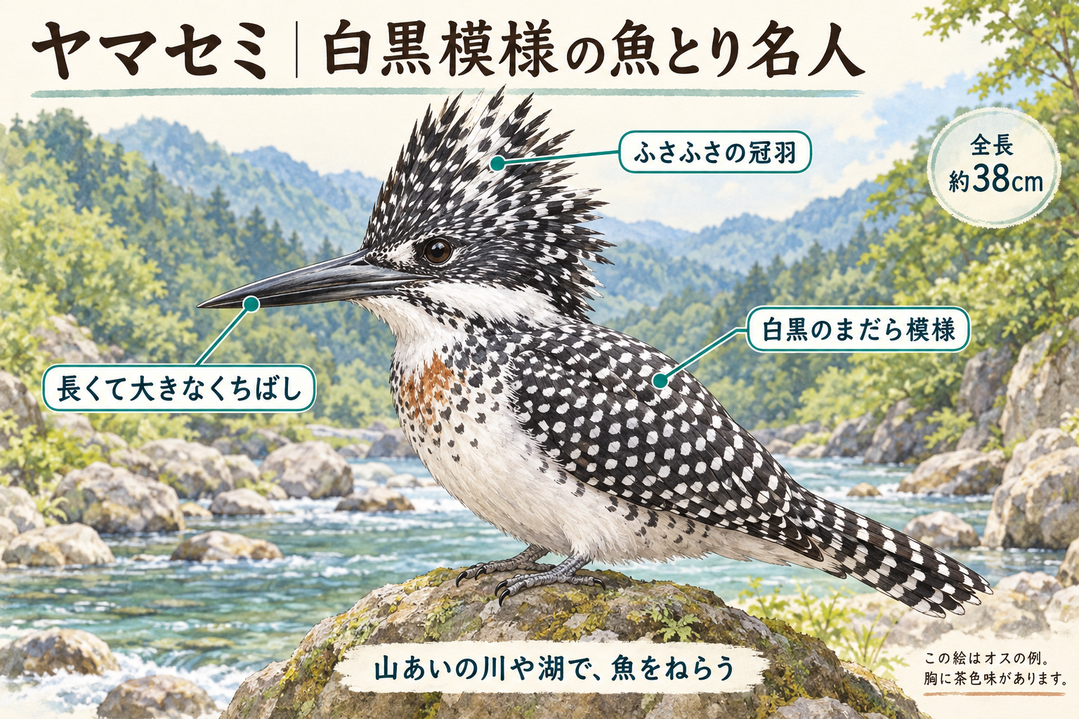 山あいの渓流の岩にとまるヤマセミ。ふさふさの冠羽、白黒のまだら模様、大きなくちばしを矢印で紹介。オスの例として胸に茶色味がある。