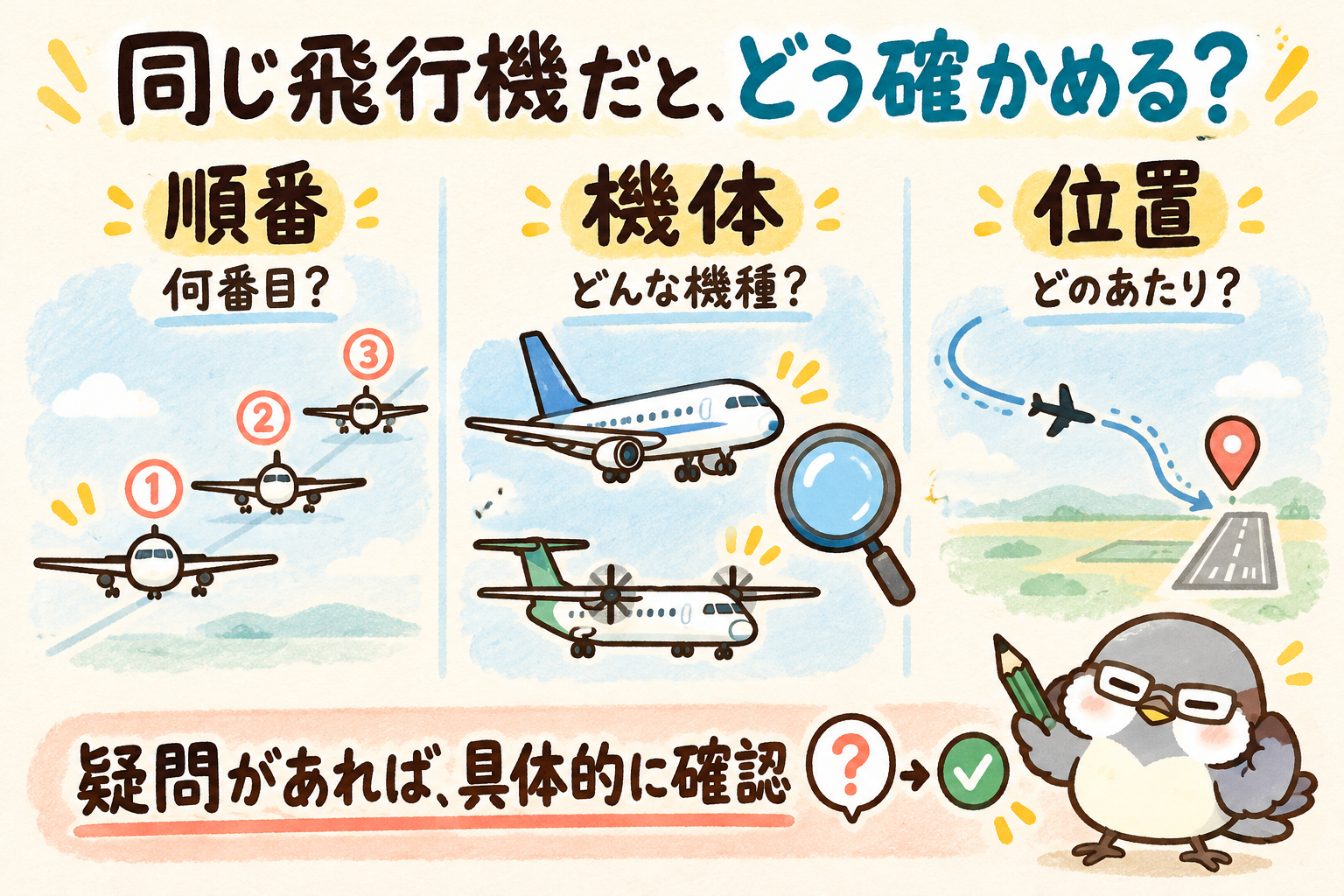 確認を具体的にする3つの手がかり。順番は何番目か、機体はどんな機種か、位置はどのあたりか。疑問が出たら具体的に確認する。