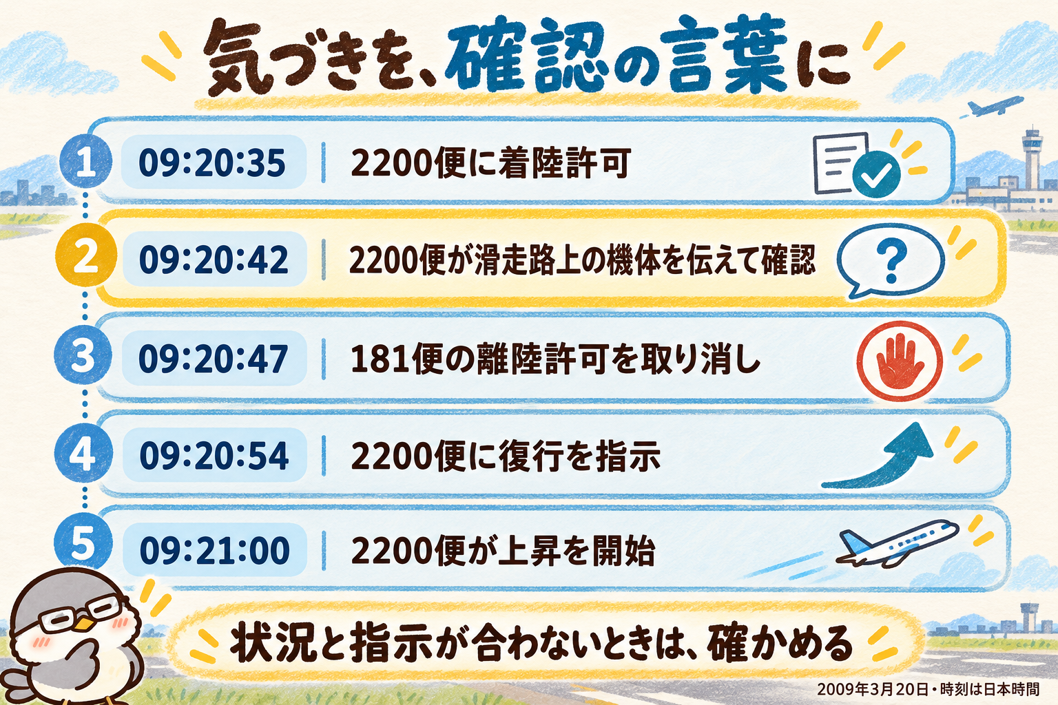09時20分35秒の着陸許可から、42秒の到着機による確認、47秒の181便への離陸許可取消し、54秒の復行指示、21分00秒の上昇開始までを示す手書き風の時系列図。