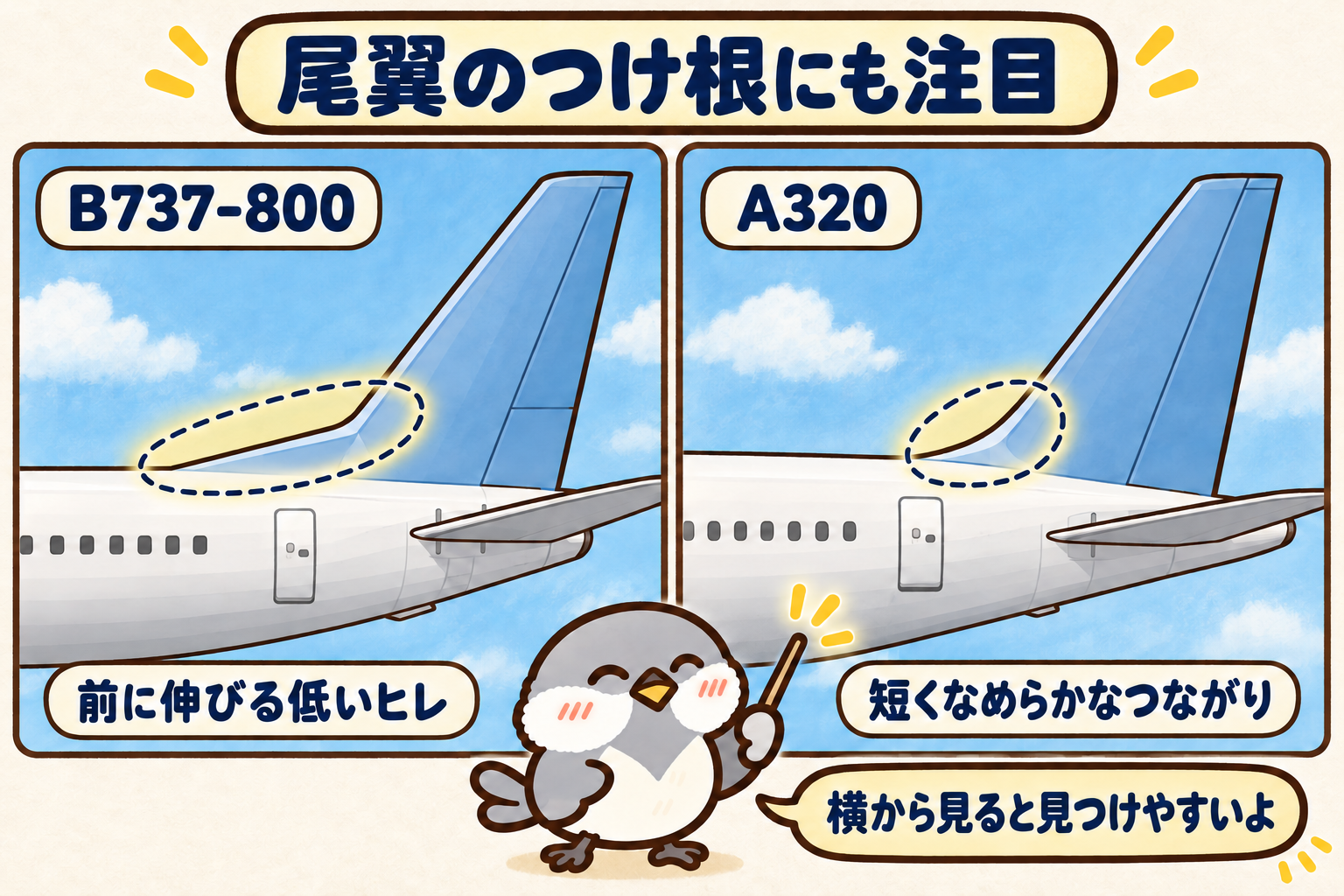 B737-800では垂直尾翼の付け根に低いヒレが前方へ長く伸び、A320では短くなめらかにつながる。オチュンが違いを案内する比較図。