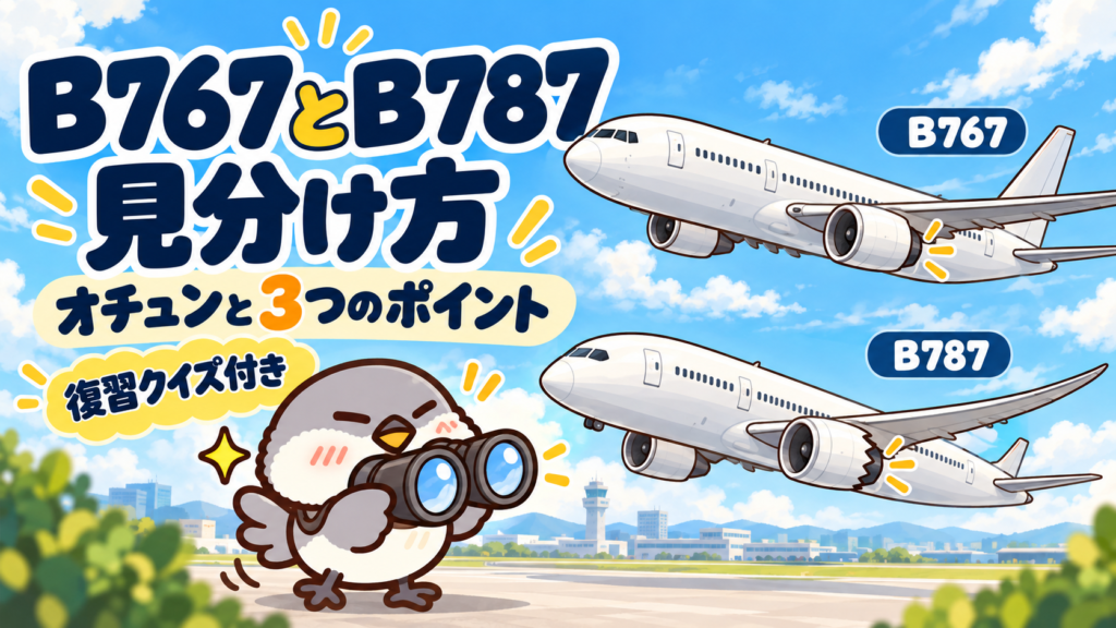 双眼鏡を持つオチュンとB767・B787。B767とB787の見分け方、オチュンと3つのポイント、復習クイズ付き。