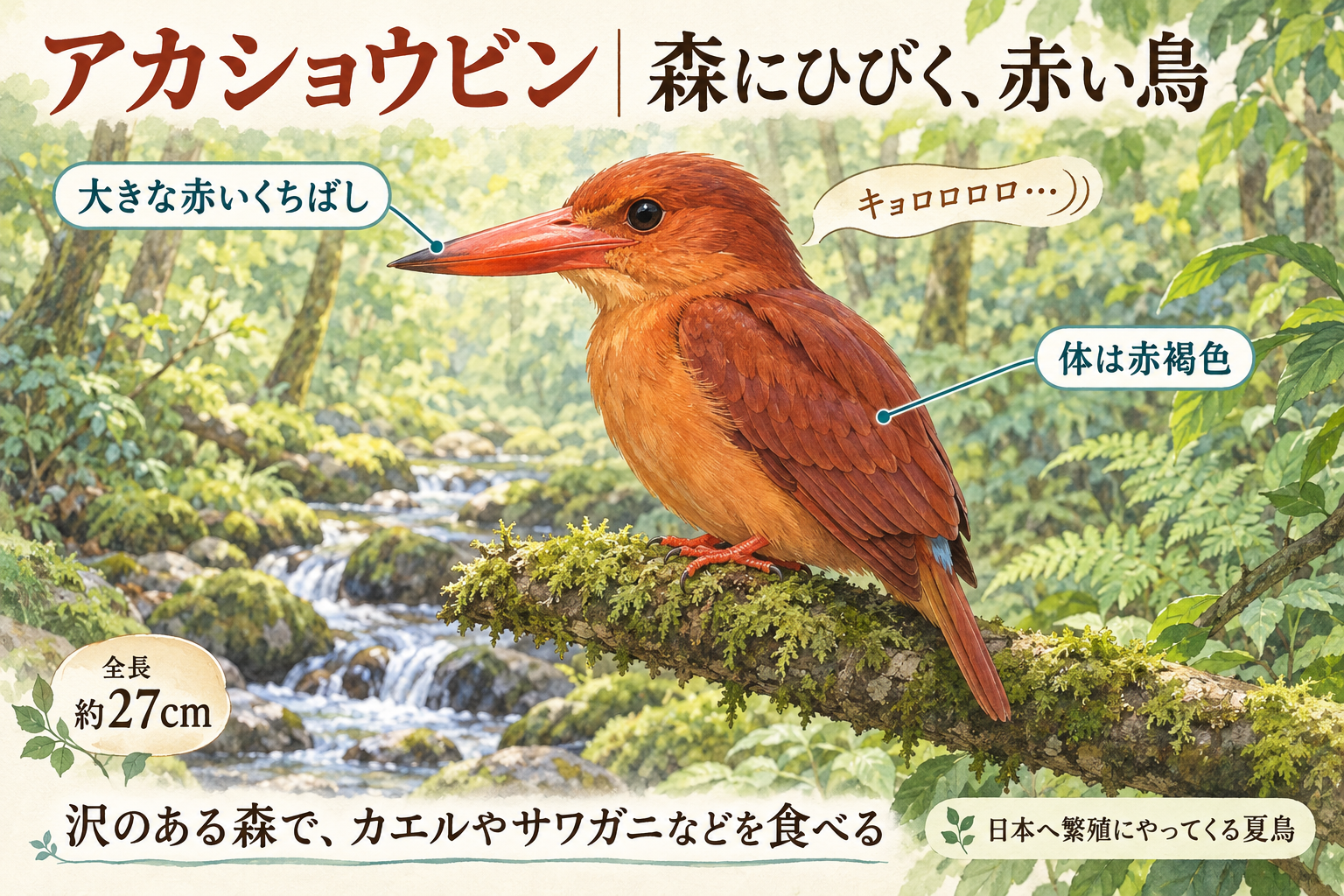 沢のある森の枝にとまるアカショウビン。赤いくちばしと赤褐色の体を矢印で示し、キョロロロロという声やカエル・サワガニなどを食べることを紹介。