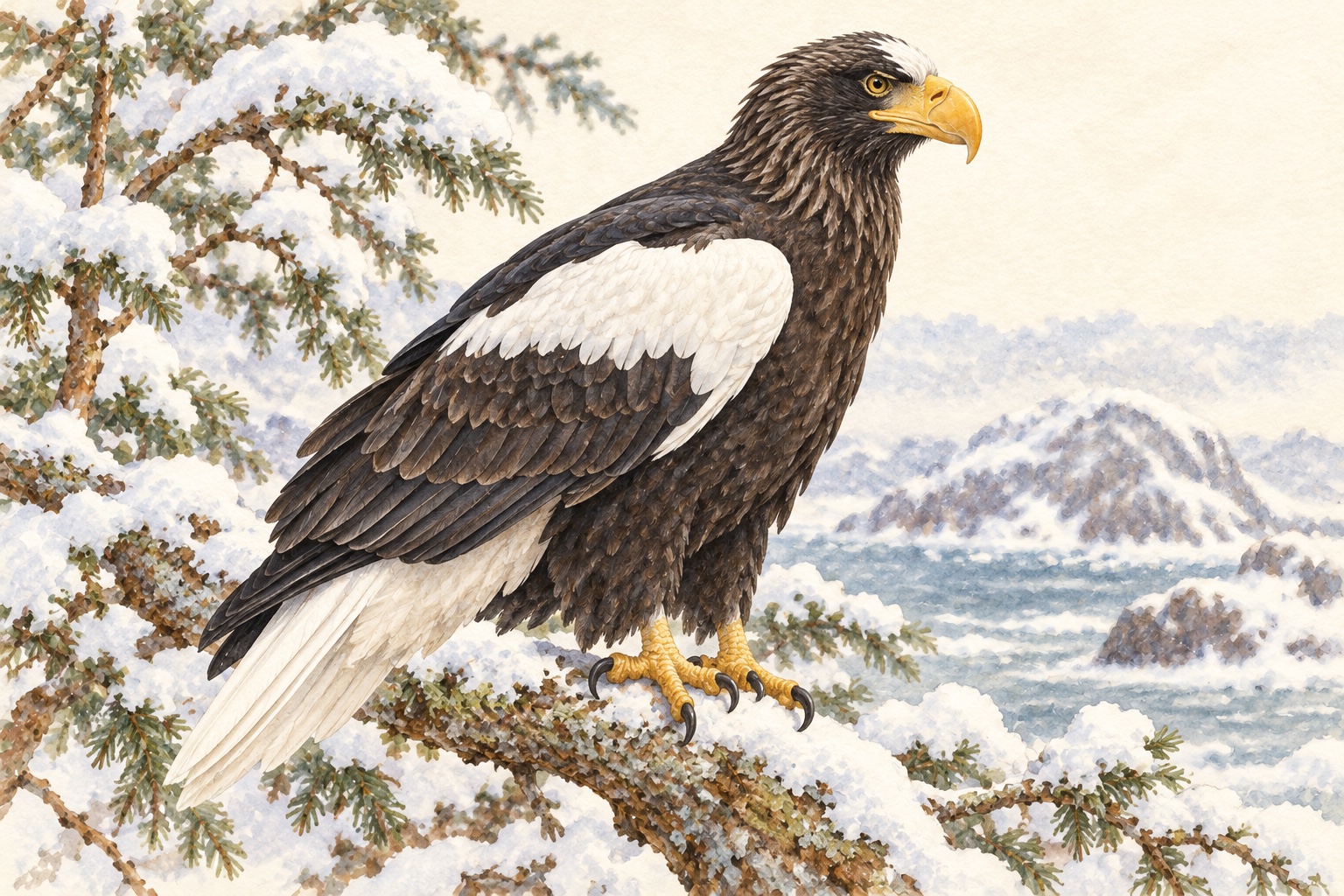 黒褐色の体に白い肩と長い白い尾、大きな黄色いくちばしをもつ成鳥のオオワシ