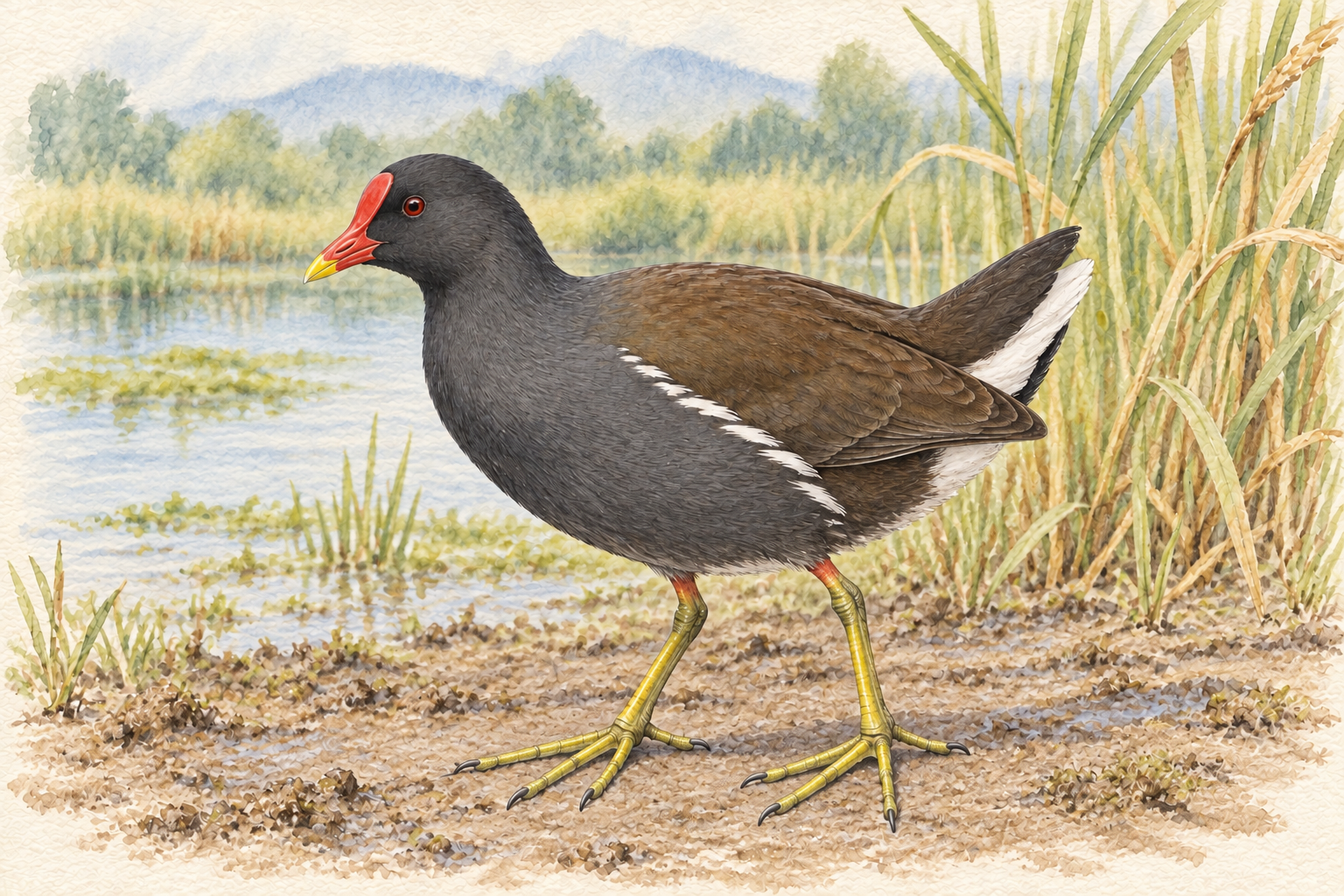 水辺に立つ成鳥のバン。赤い額と黄色い先端のくちばし、黒っぽい体、脇の白い線、緑がかった長い指の脚が見える
