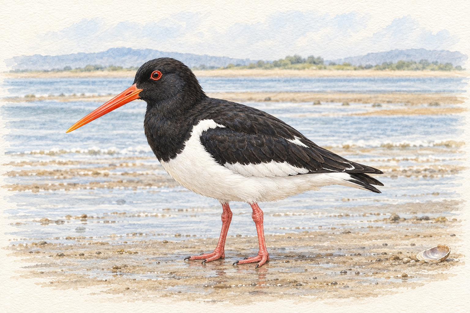 砂浜に立つ成鳥のミヤコドリ。黒い頭と背、白い腹、長くまっすぐな赤いくちばし、桃赤色の脚が見える全身図