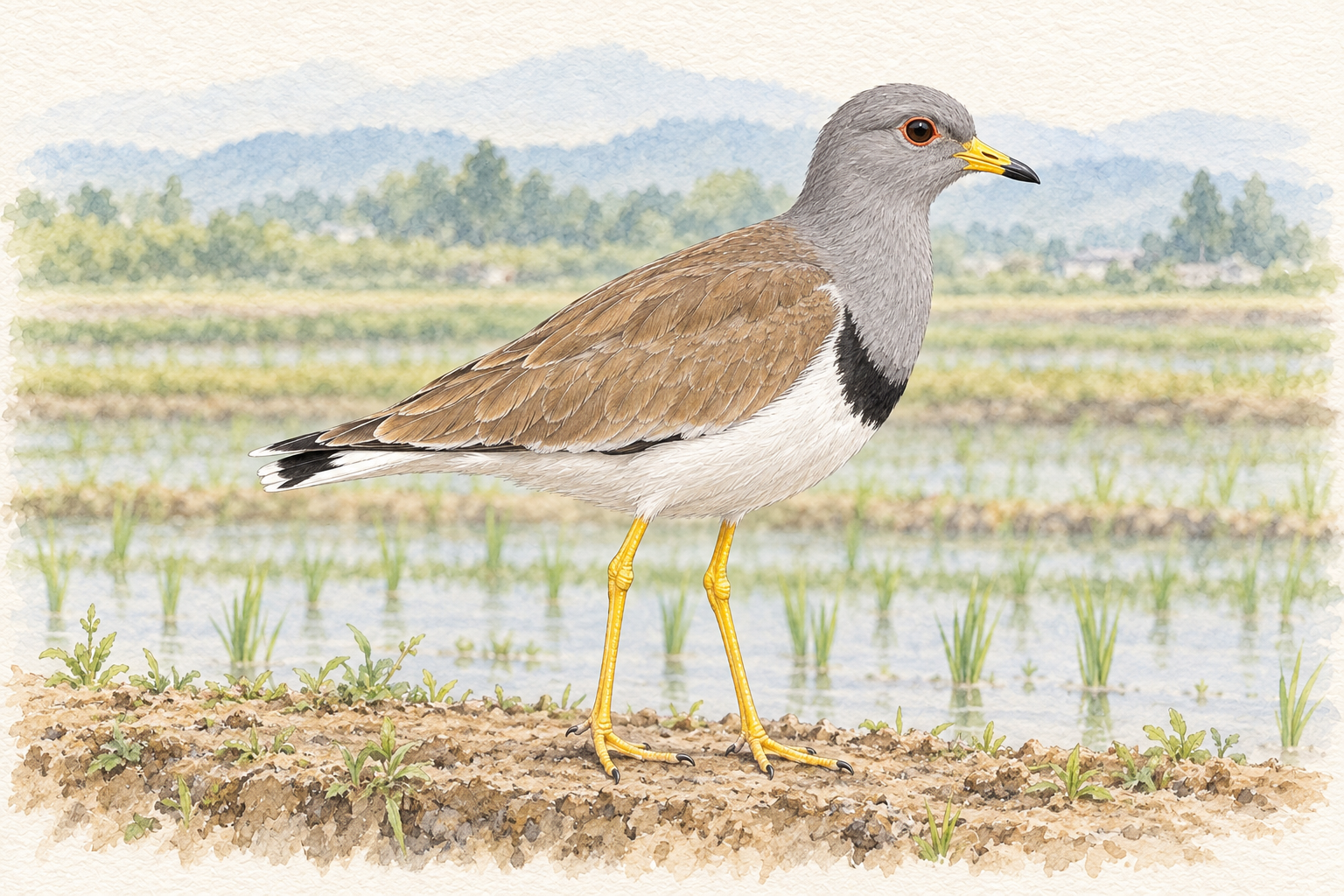 田のあぜに立つ成鳥のケリ。灰色の頭と首、茶色い背、黒い胸の帯、白い腹、黄色い長い脚が見える全身図