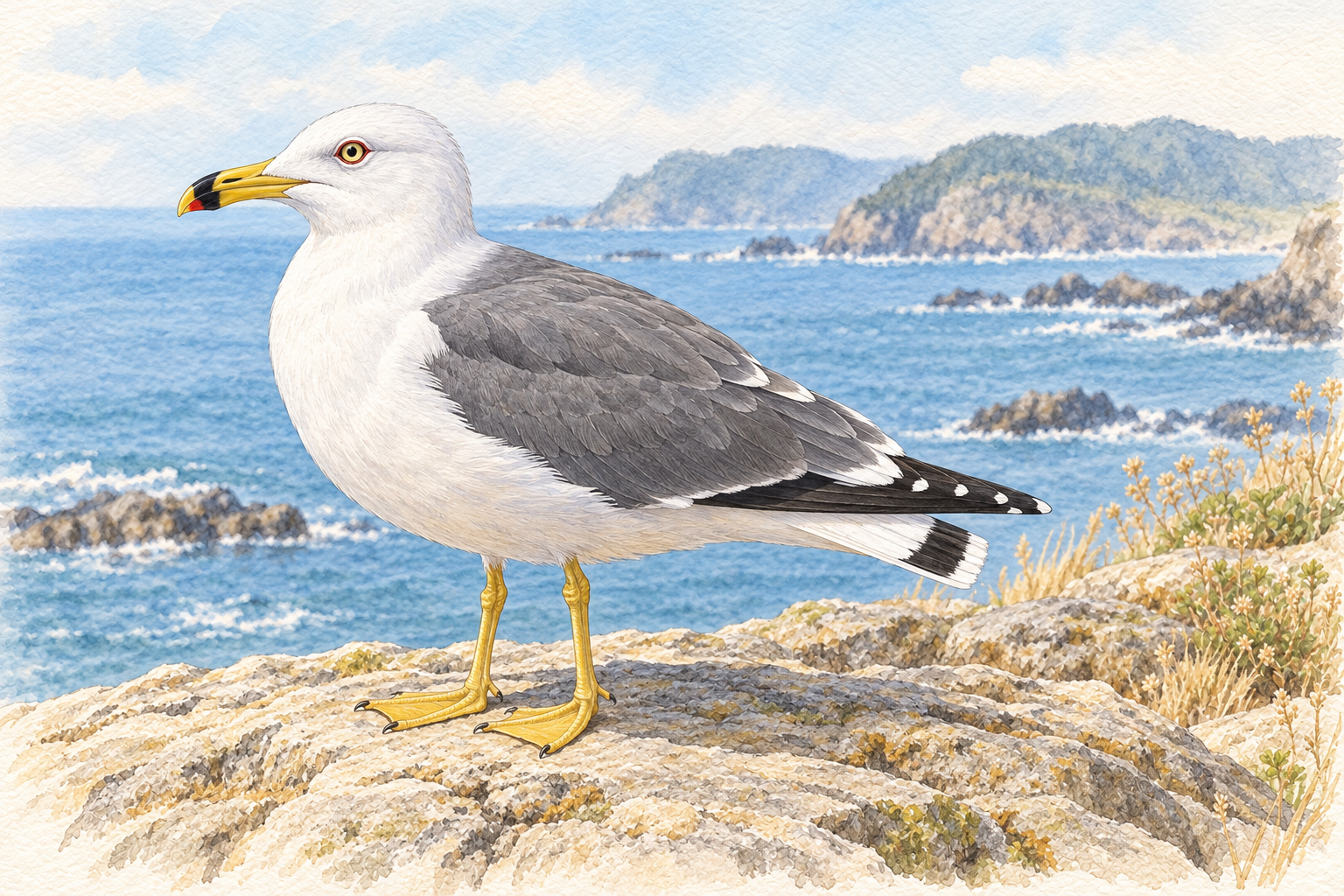 海岸の岩に立つ成鳥のウミネコ。白い頭と腹、灰色の背、先に赤と黒の模様がある黄色いくちばし、黄色い脚が見える全身図
