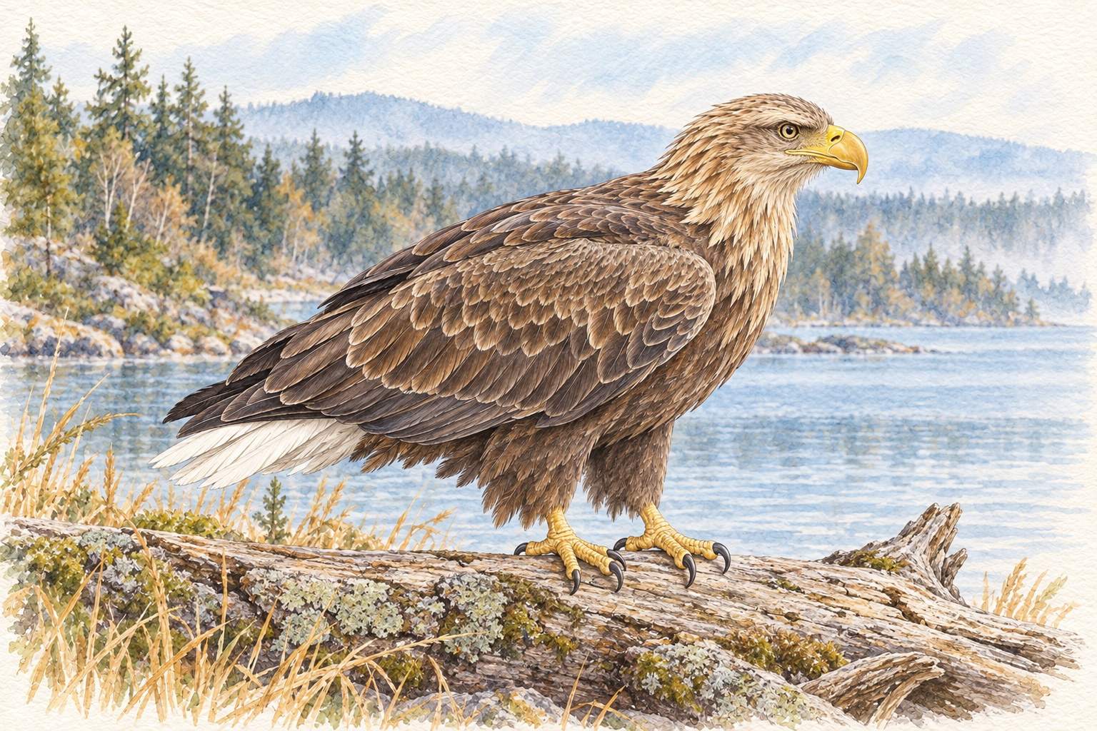 湖畔の倒木にとまる成鳥のオジロワシ。淡い褐色の頭、褐色の体、黄色いくちばしと脚、白いくさび形の尾が見える全身図