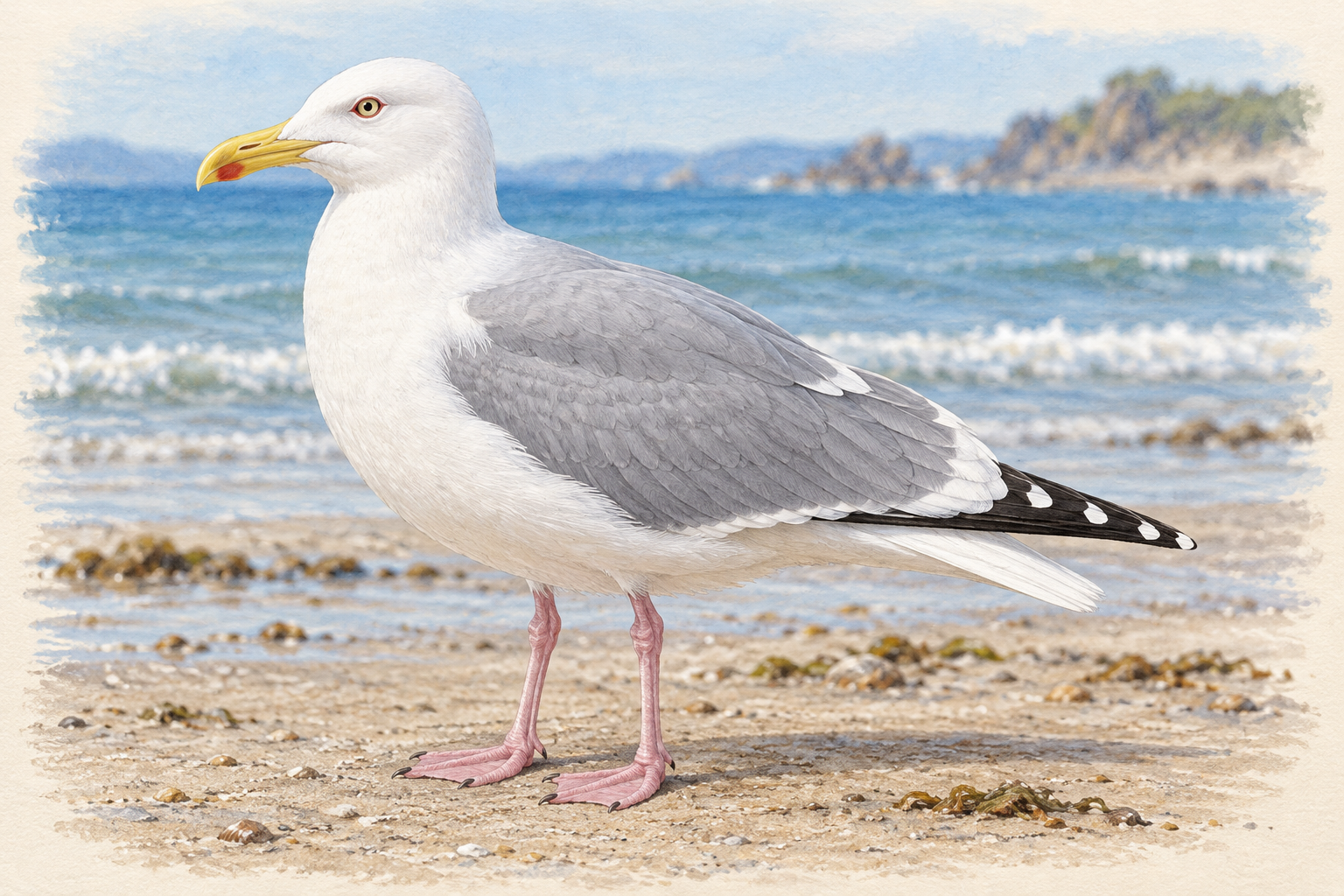 海岸に立つ夏羽のセグロカモメ成鳥。淡い灰色の背、白い尾、下くちばしの赤斑、桃色の脚が見える全身図