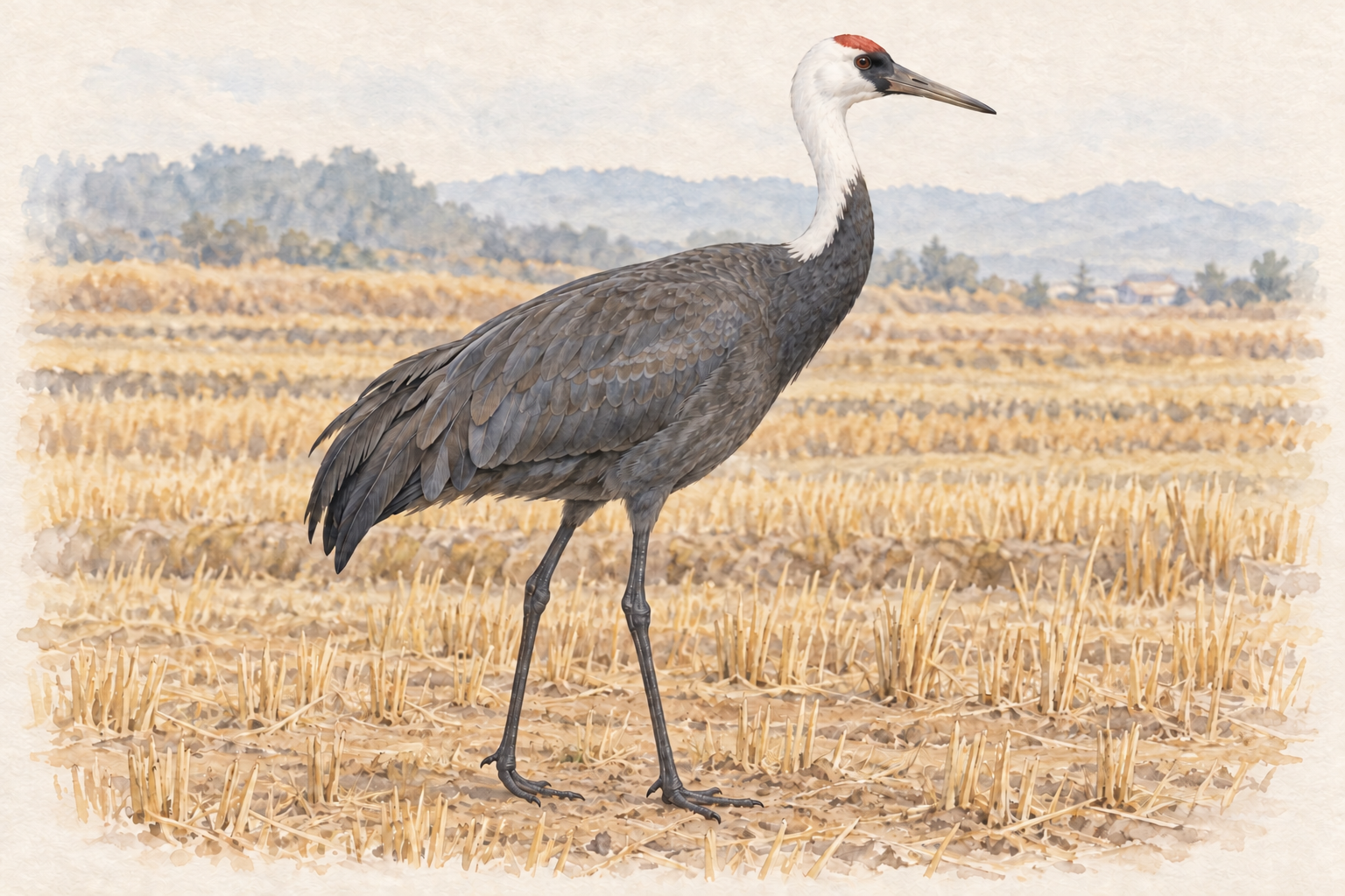 刈り取り後の田に立つナベヅル成鳥。暗い灰色の体、白い頭と上部の首、小さな赤い頭頂、黒っぽい長い脚が見える