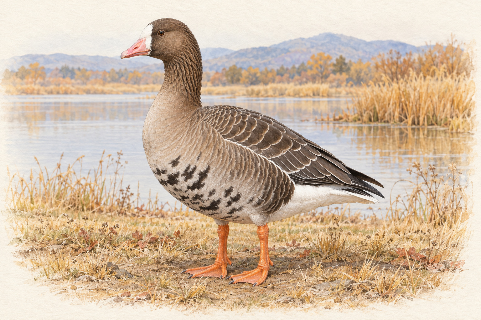 湖畔に立つマガンの成鳥。桃色のくちばし、付け根の白い額、腹の不規則な黒い横模様、橙色の水かきのある足が見える