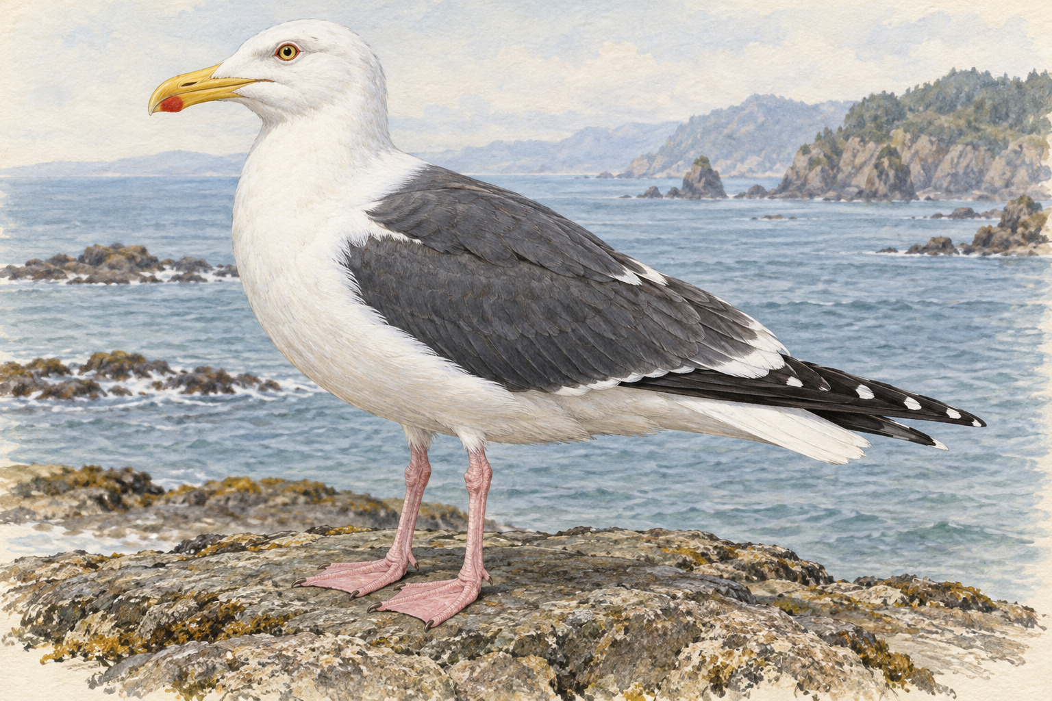 海岸の岩に立つ成鳥夏羽のオオセグロカモメ。濃い灰黒色の背、白い頭と下面、下くちばしの赤い斑、桃色の脚と水かきが見える
