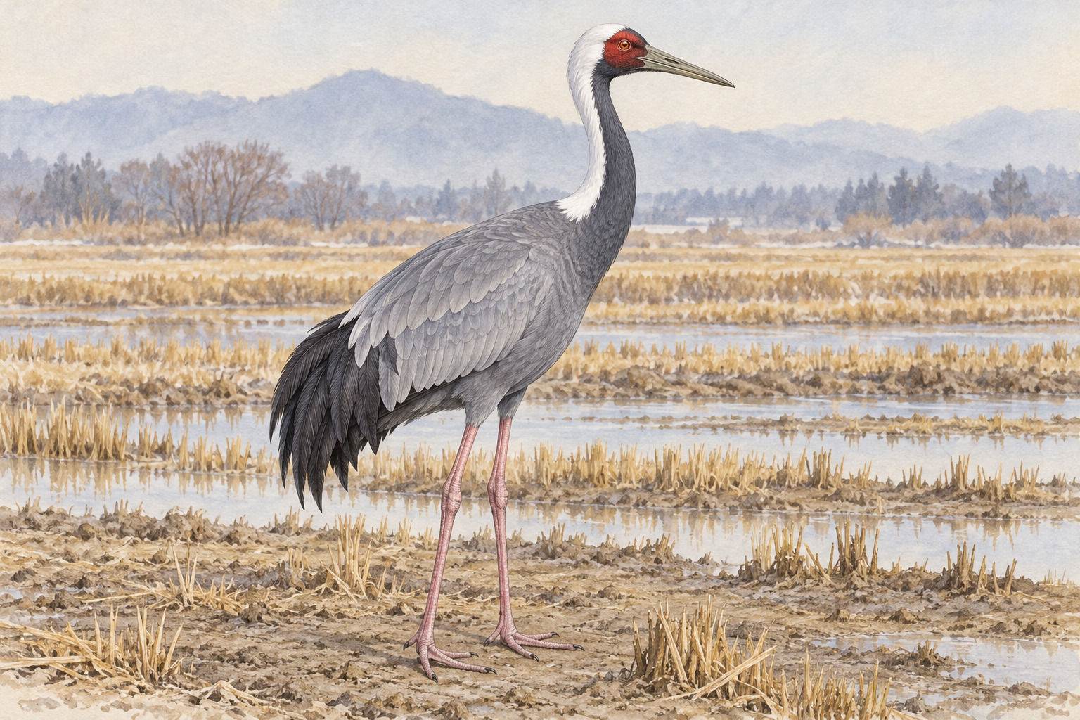 冬の田んぼに立つ成鳥のマナヅル。灰色の体、白い頭頂と首の後ろ、目の周囲の赤い皮膚、桃色の長い脚が見える
