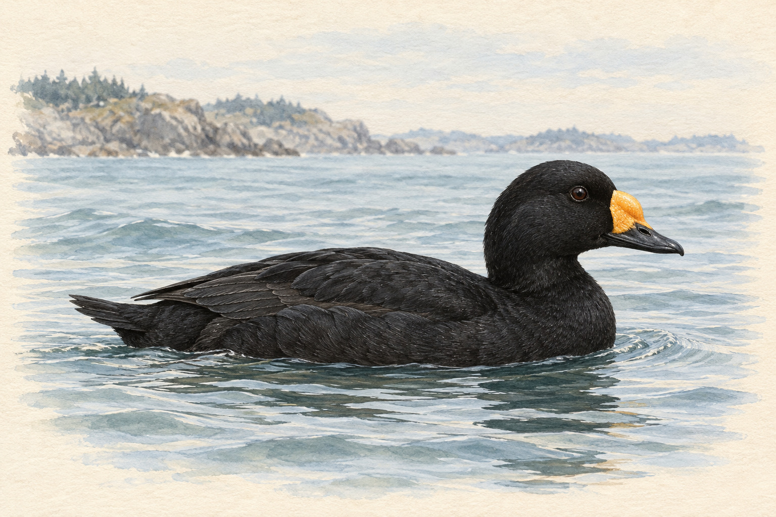 海を泳ぐ雄のクロガモ。全身が黒く、黒いくちばしの上側の付け根に橙黄色のこぶが見える