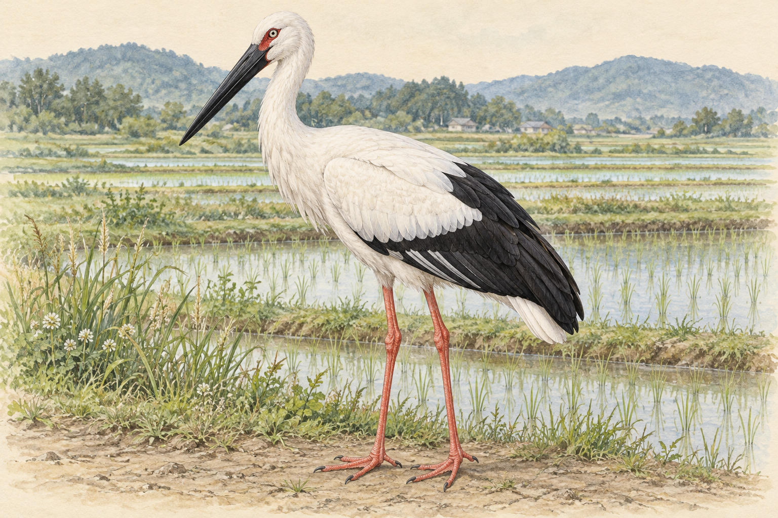 田んぼの岸に立つ成鳥のコウノトリ。白い頭と体、黒い風切羽と長いくちばし、赤い目の周りの皮膚、赤い脚が見える