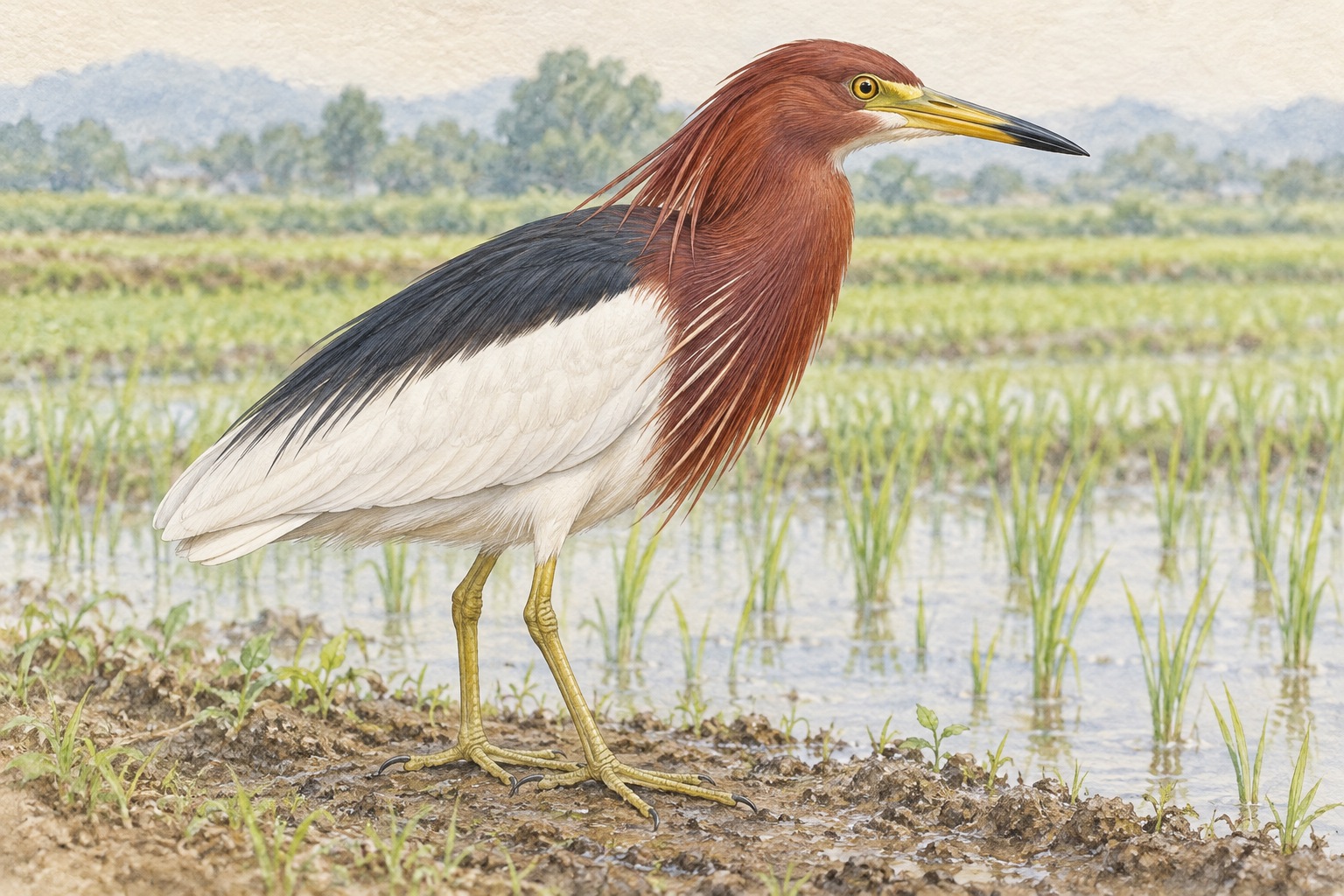 田んぼの岸に立つ夏羽のアカガシラサギ。赤褐色の頭と首、暗い背、白い翼、先が黒い黄色いくちばし、黄緑色の脚が見える