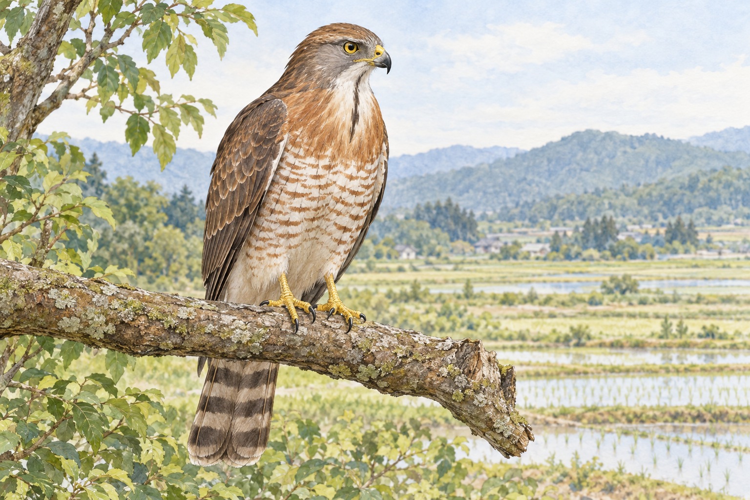水田に近い枝にとまる成鳥のサシバ。黄色い目、白い喉の中央の暗い縦線、赤褐色の胸と腹の横じま、黄色い脚が見える