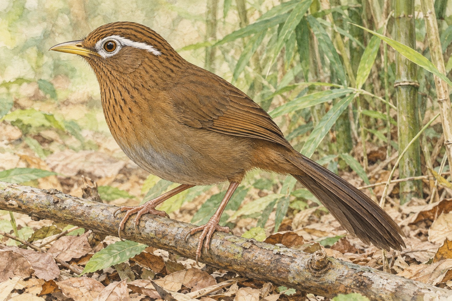 林の低い枝にとまるガビチョウ。茶褐色の体、目の白い輪から後方へ続く白線、黄色い嘴と長い褐色の尾が見える