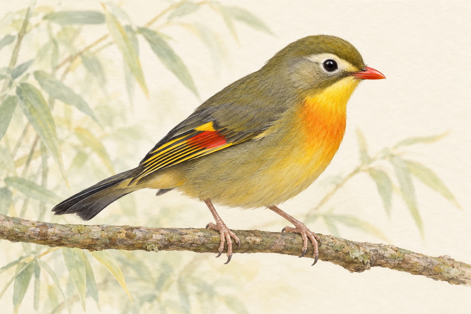 竹やぶに近い枝にとまるソウシチョウ。灰緑色の上面、赤い嘴、黄色い喉と橙色の胸、翼の赤と黄色の斑が見える