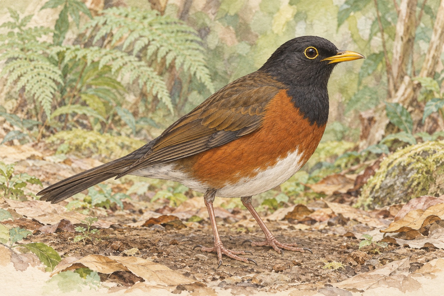 島の林床に立つ雄のアカコッコ。黒い頭と喉、黄色い嘴と目の周りの輪、赤茶色の胸と脇、白い下腹が見える