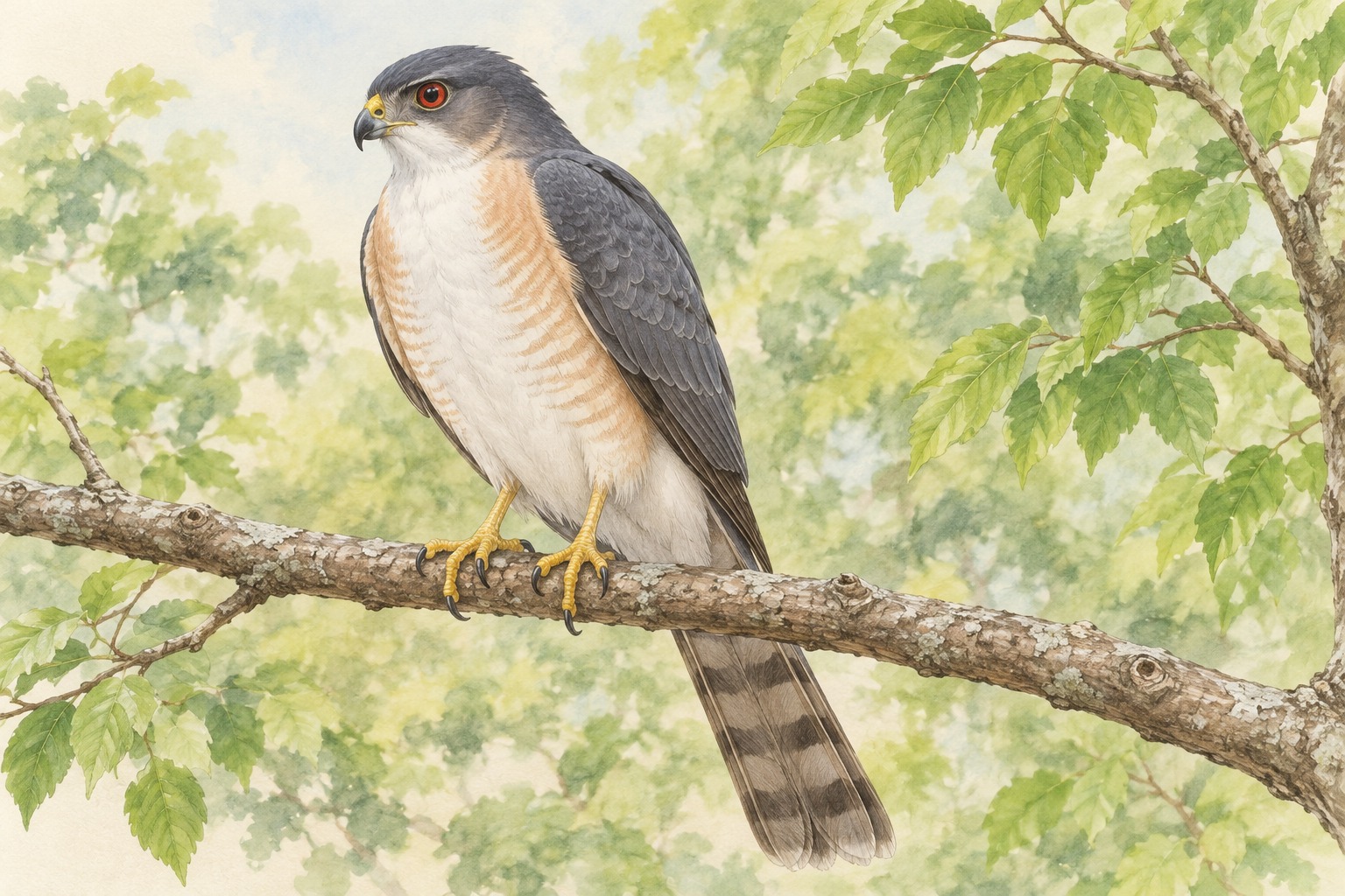 枝にとまる成鳥の雄のツミ。暗い灰青色の上面、赤い虹彩、淡い橙色を帯びる胸の脇と白い腹、黄色い細い脚が見える