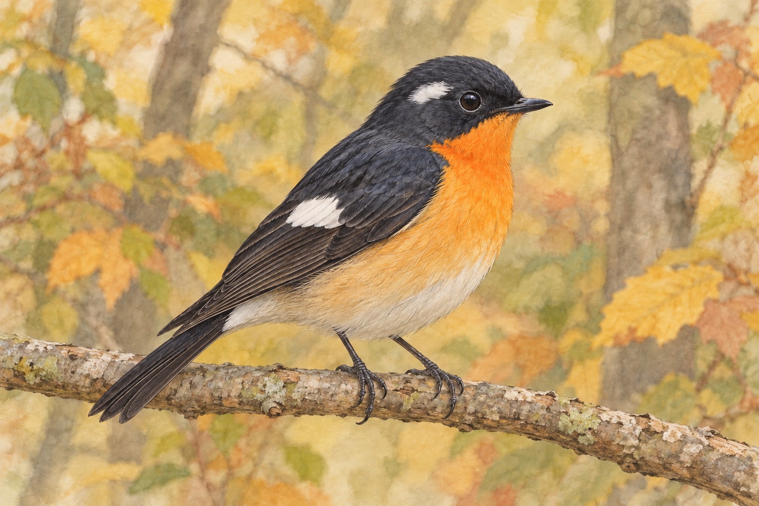 秋の枝にとまる成鳥の雄のムギマキ。黒い上面、目の後ろ上方の短い白斑、橙色の喉と胸、白い翼斑が見える