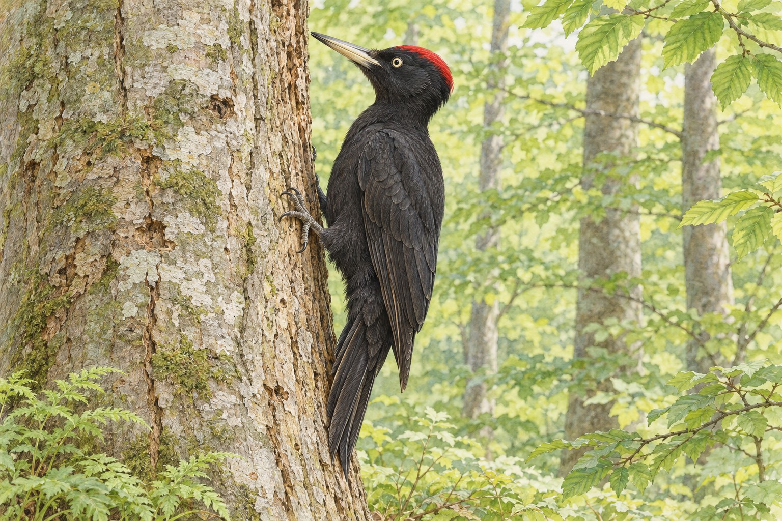 ブナの幹へ頭と胸を向けてつかまる雄のクマゲラ。赤い頭頂、黒い全身、淡い嘴と目、近い高さで幹をつかむ両足と幹に接する尾先が見える