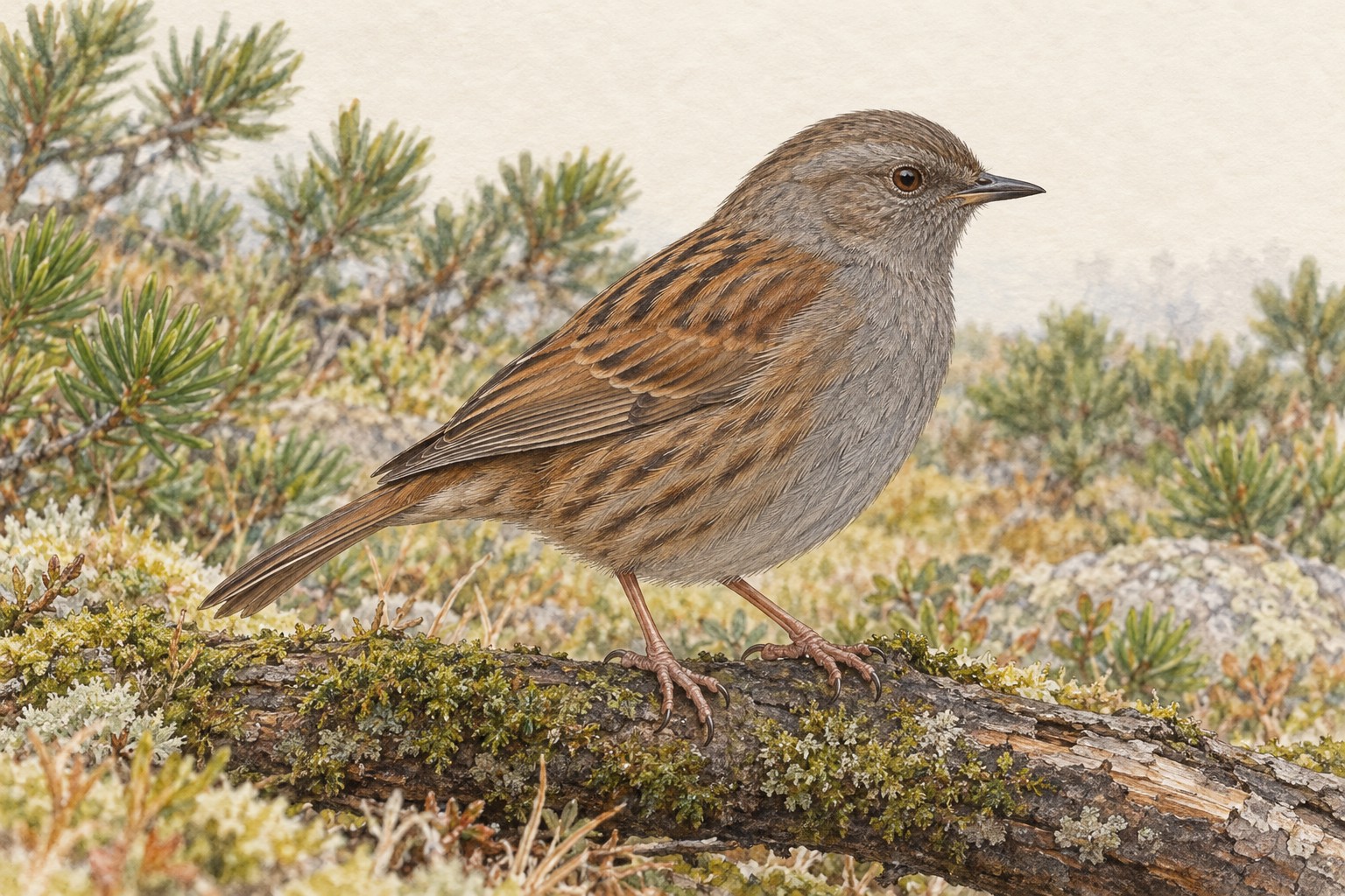 低い倒木にとまるカヤクグリ。灰褐色の頭と胸、黒い縦模様のある赤茶色の背、細く尖った嘴が見える