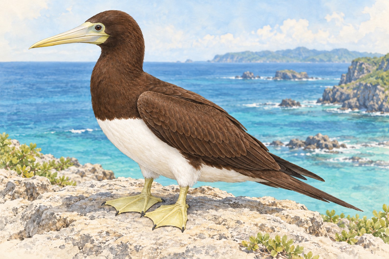 南の海の岩に立つ成鳥雌のカツオドリ。濃褐色の頭から胸と背、白い腹との明瞭な境、淡黄色の尖った嘴と顔、四趾が水かきでつながる足が見える