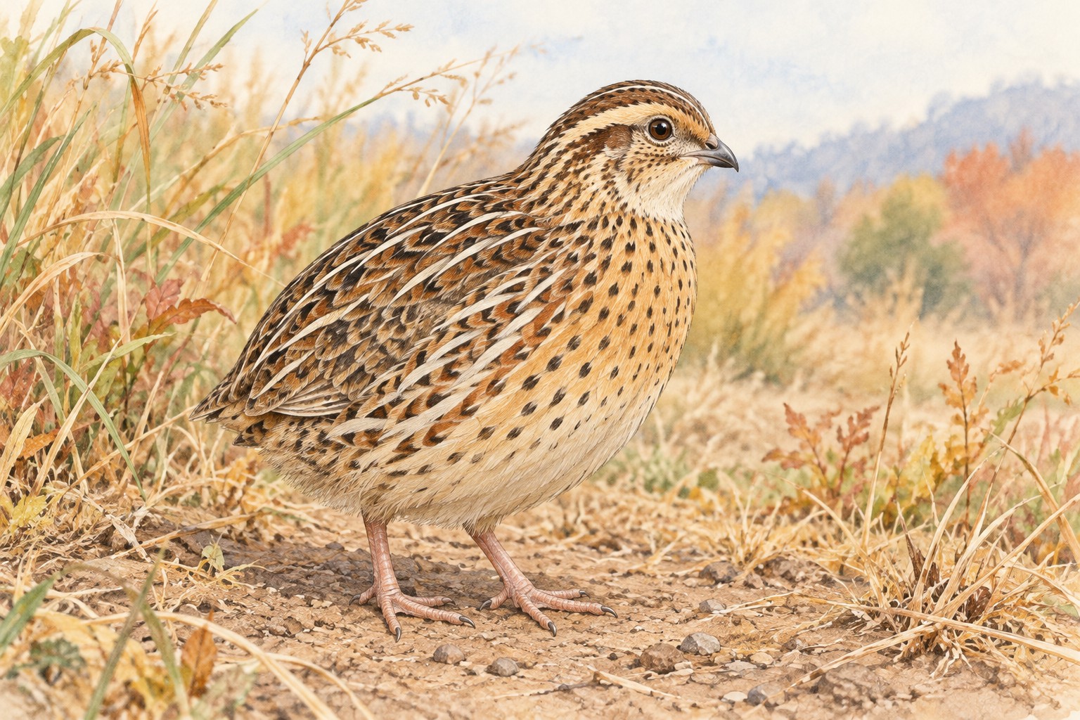 草地の地面に立つ雌のウズラ。丸い体と非常に短い尾、褐色のまだら模様と淡い縦線、黒い小斑のある胸、短い脚が見える