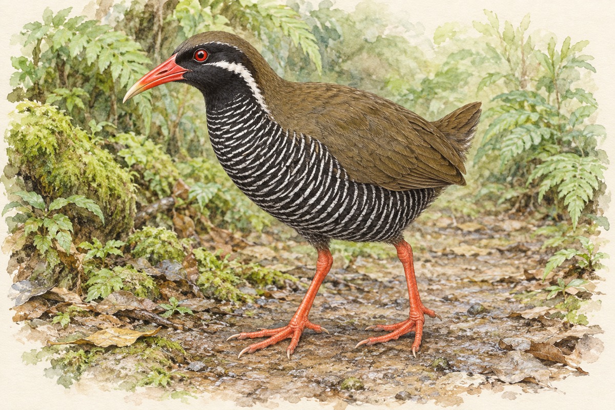 林床に立つヤンバルクイナの成鳥。赤い嘴と脚、白い顔の線、黒い下面の細い白い横じま、短い褐色の尾が見える