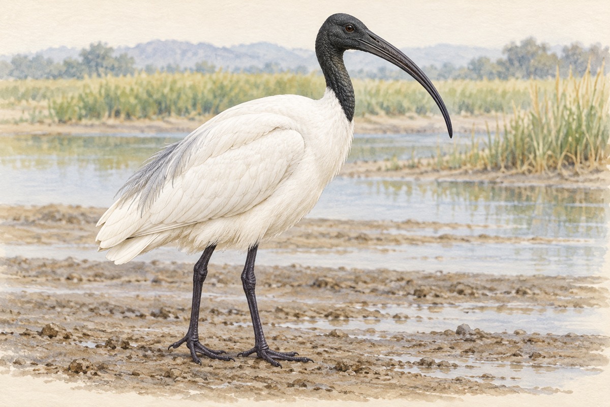湿地の岸に立つクロトキの成鳥。羽のない黒い頭と首、下に曲がる黒い嘴、白い体と黒い脚が見える